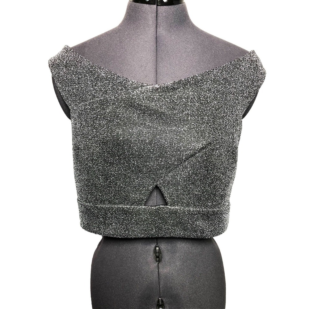 Express Silver Metallic Off‎ Shoulder Crop Top L Sparkle Lurex Party Club Y2K - Picture 3 of 9